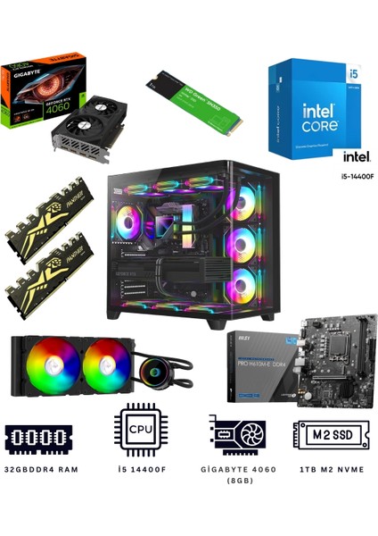 Black Sea 32X I5 14400F 32GB Ddr4 1tb Nvme M.2 RTX4060 Ekran Kartlı Oyuncu Bilgisayarı