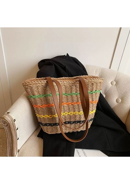 NWC-1017 Şeritli Camel Hasır Çanta