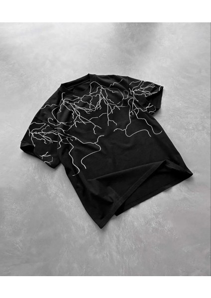 Bisiklet Yaka Baskılı Oversize T-Shirt - Siyah
