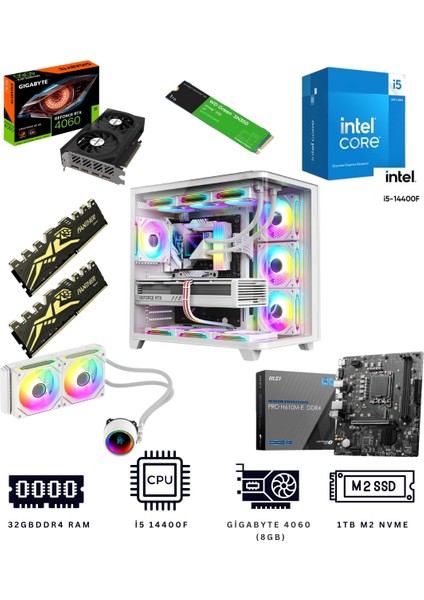 White Sea 32X I5 14400F 32GB Ddr4 1tb Nvme M.2 RTX4060 Ekran Kartlı Oyuncu Bilgisayarı