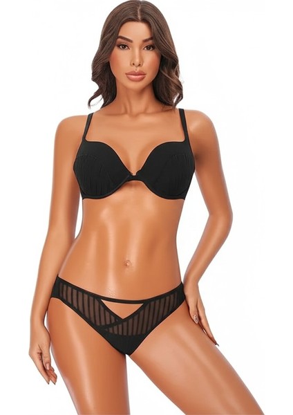Siyah Dar Kalıp Balenli Destekli Sütyen Takımı