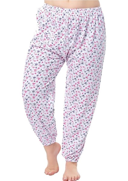 Kadın %100 Pamuklu Anne Paçalı Don, Kışlık Şardonlu Ağlı Çiçek Desenli Emprime Pijama Paçalı Battal
