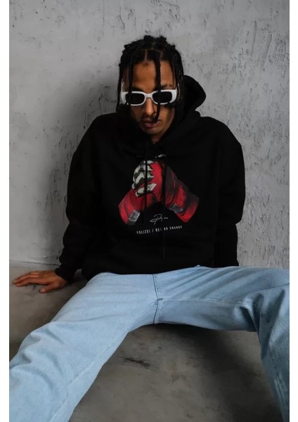 Erkek Eldiven Baskılı Kapüşonlu Sweat - Siyah fırsatları