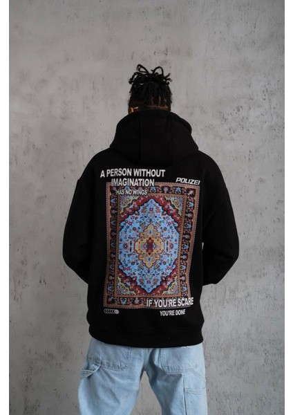 Erkek Kilim Desen Kapüşonlu - Siyah