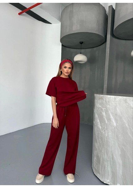 Osy Modal Yumuşak Dokulu Kumaş Kısa Kollu Bluz Rahat Pantalon Ikili Takım- Bordo