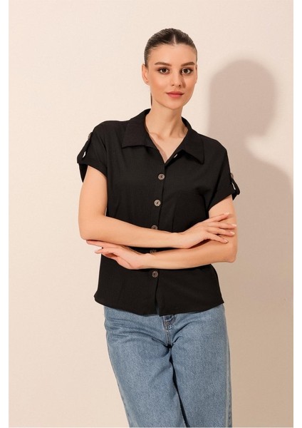 20187 Kısa Kol Oversize Örme Gömlek - Siyah