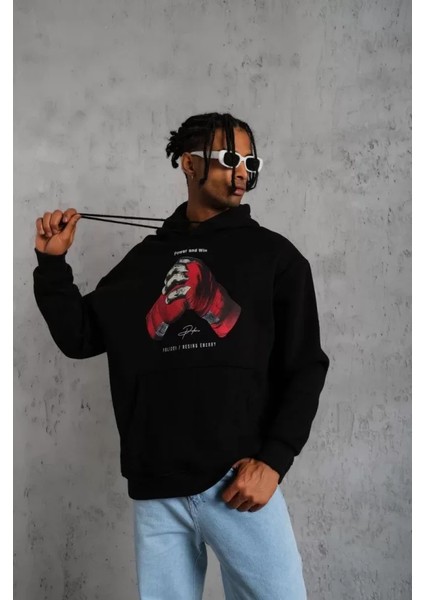 Erkek Eldiven Baskılı Kapüşonlu Sweat - Siyah