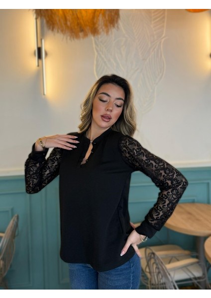 Kadın Uzun Kollu Kolları Dantelli Hakim Yaka Krep Bluz modelleri