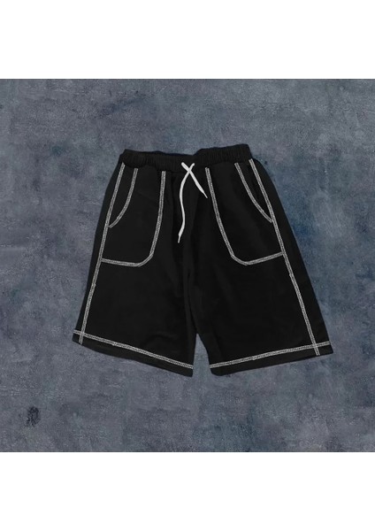 Dikişli Cepli Oversize Şort - Siyah