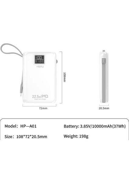 HP-A01 10.000 Mah 22.5W Dijital LED Göstergeli Dahili Kablolu Powerbank Hızlı Şarj Destekli Pd Şarj Type C Lightning Power Bank