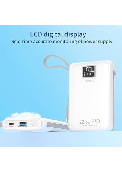 HP-A01 10.000 Mah 22.5W Dijital LED Göstergeli Dahili Kablolu Powerbank Hızlı Şarj Destekli Pd Şarj Type C Lightning Power Bank