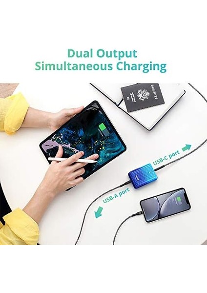 Supermini 10,000 Mah Usb-C Powerbank 18 W Power Delivery, Süper Küçük Harici Pil, Hızlı Şarj Ile, Iphone, Galaxy, , Switch Vs. Için, Mavi