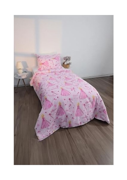 Prenses Desen Pamuklu Ranforce Tek Kişilik Nevresim Seti - Pembe