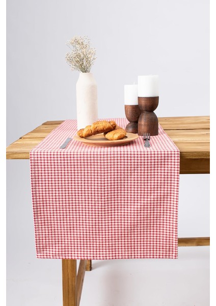 Wellstil Doku | Keten Piti Kareli Runner - Piknik Örtüsü 40 x 150 cm (Kırmızı)