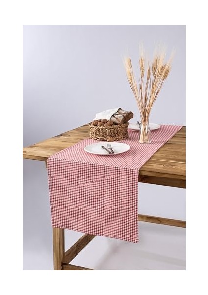 Wellstil Doku | Keten Piti Kareli Runner - Piknik Örtüsü 40 x 150 cm (Kırmızı)