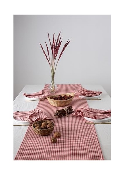 Wellstil Doku | Keten Piti Kareli Runner - Piknik Örtüsü 40 x 150 cm (Kırmızı)