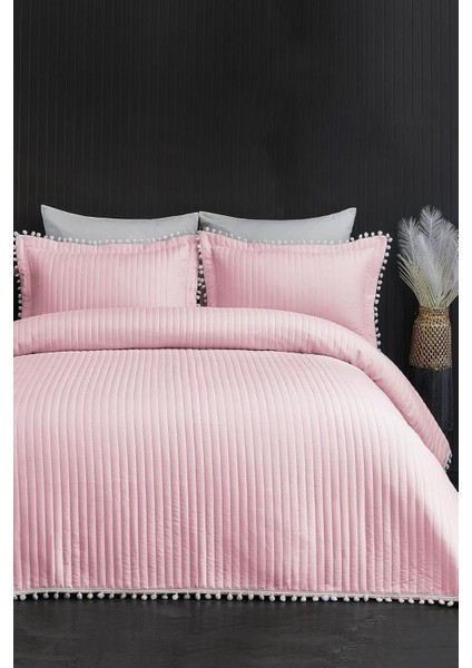 Home Collection Kapitone Ponpon 3 Parça Yatak Örtüsü Ç.k Pudra