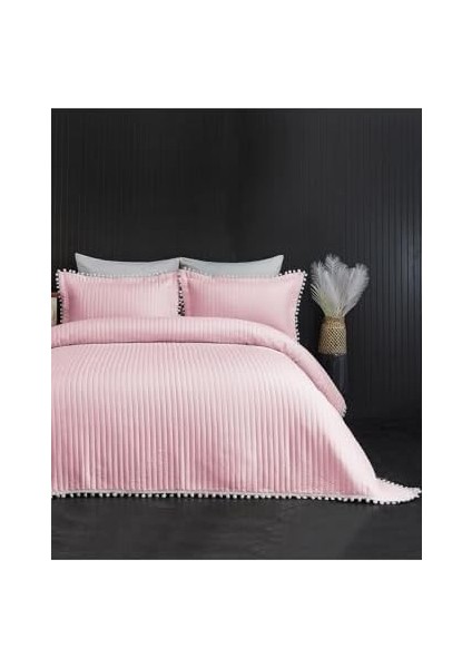 Home Collection Kapitone Ponpon 3 Parça Yatak Örtüsü Ç.k Pudra