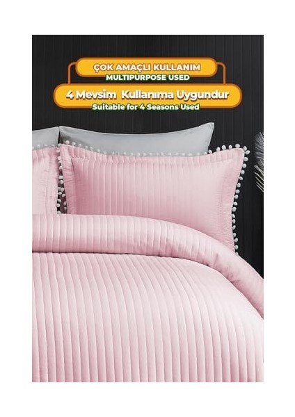 Home Collection Kapitone Ponpon 3 Parça Yatak Örtüsü Ç.k Pudra