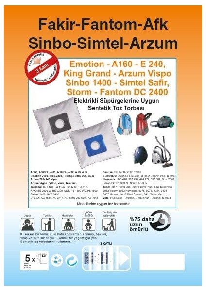 Süpürge Sentetik Toz Torbası - 20 Adet - Siyah Plastik - Arçelik - Beko - Fantom - Sinbo - Simtel – Arzum