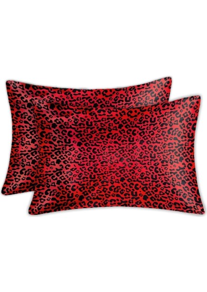 Yastık KILIFI Ipek Saten 2 Adet Luxury Yastık Kılıfı Red Leopard