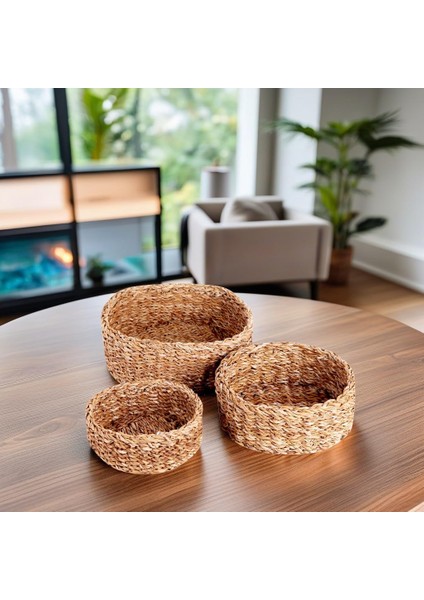 3'lü Rustik El Yapımı Doğal Yuvarlak Hasır Düzenleyici Seti | 3'lü Hasır Yuvarlak Organizer Seti - Dekoratif, Çok Amaçlı ve Dayanıklı Rattan Sepetler (30X30X12CM - 25X25X10CM - 20X20X8CM)