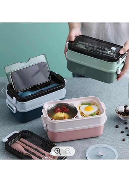 Box, 1400 ml 3 Katlı Beslenme Kutusu, Çatal Bıçak Takımı, Yemek Kutusu, Yemek Kutusu, Bulaşık Makinesinde Yıkanabilir, Mikrodalga Fırına Dayanıklı, Iş ve Okul Için, Beslenme Kutusu (Mavi)