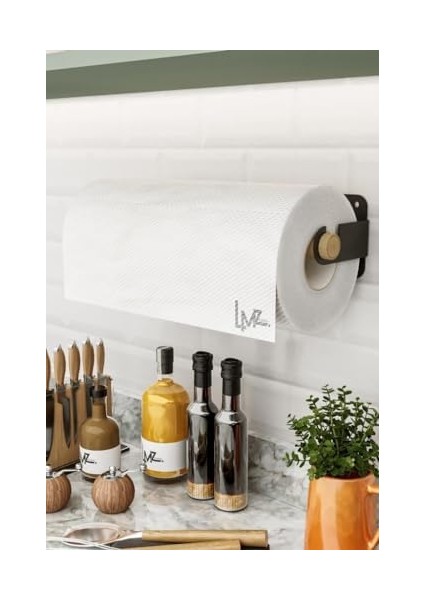 Yapışkanlı Doğal Gürgen Ağaç Ahşap Bar Metal Rulo Kağıt Havluluk, Kağıt Havlu Standı, Banyo Mutfak Havlu Çubuğu, Peçetelik Kağıt Havlu Rafı, Kağıt Havluluk Askısı (Metal, Siyah)