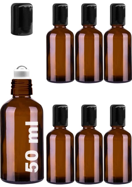 50 ml Çelik Roll On Şişesi 50 cc Sızdırmaz Siyah Kapaklı Cam Şişe 6 Adet Amber 50