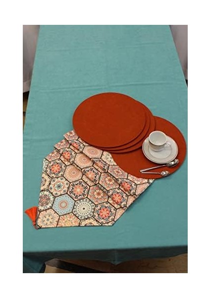 Renk Altıgen Desenli Dijital Baskılı Runner Amerikan Servis 40 x 150 cm