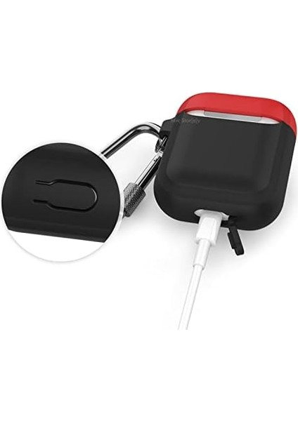 Airpods ile Uyumlu Kılıf 1-2 Nesil Silikon Case Paslanmaz Kemer Klips Kapak Hediyeli PT86Z Siyah