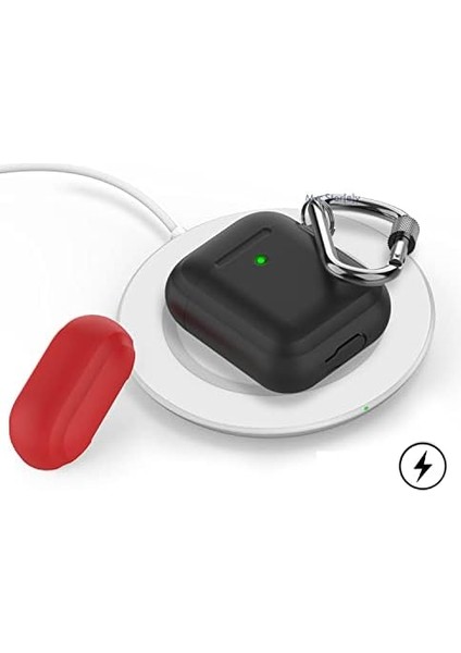 Airpods ile Uyumlu Kılıf 1-2 Nesil Silikon Case Paslanmaz Kemer Klips Kapak Hediyeli PT86Z Siyah