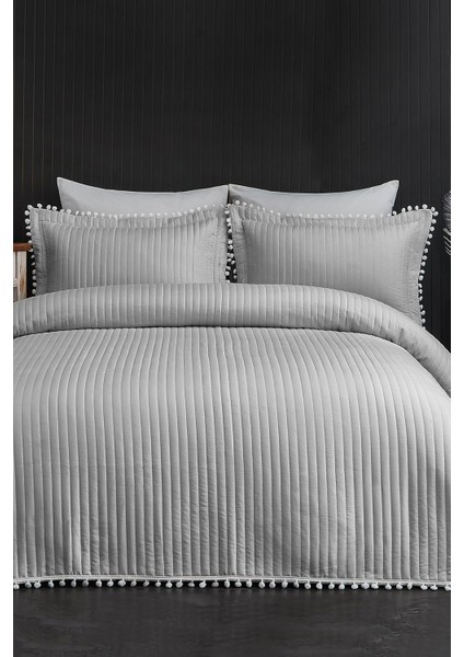 Home Collection Kapitone Ponpon 3 Parça Yatak Örtüsü Ç.k Gri