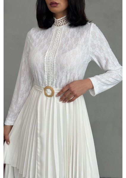 Kadın Krep Kumaş Dantel Detaylı Kemerli Uzun Elbise NBMS2525