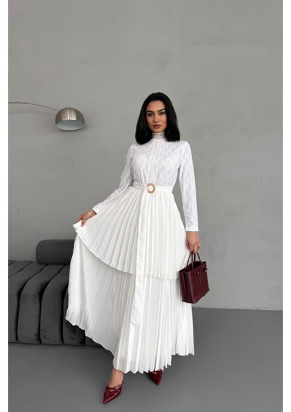 Kadın Krep Kumaş Dantel Detaylı Kemerli Uzun Elbise NBMS2525 fiyatları