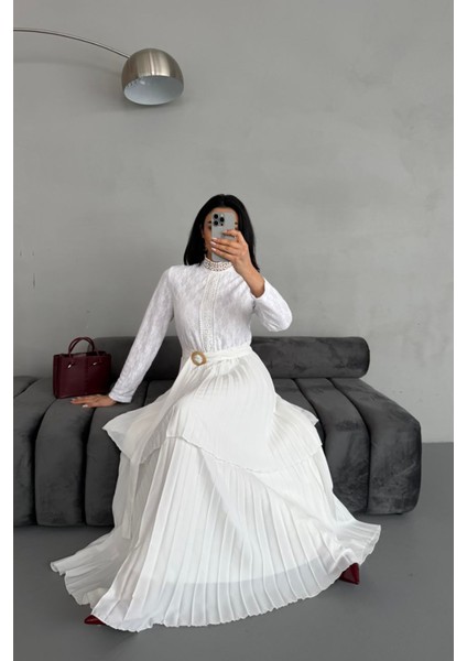 Kadın Krep Kumaş Dantel Detaylı Kemerli Uzun Elbise NBMS2525 modelleri