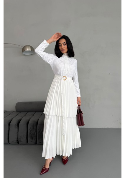 Kadın Krep Kumaş Dantel Detaylı Kemerli Uzun Elbise NBMS2525 indirimleri