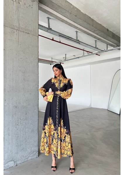 Kadın Siyah Kemerli Tasarım Elbise NBMS4277