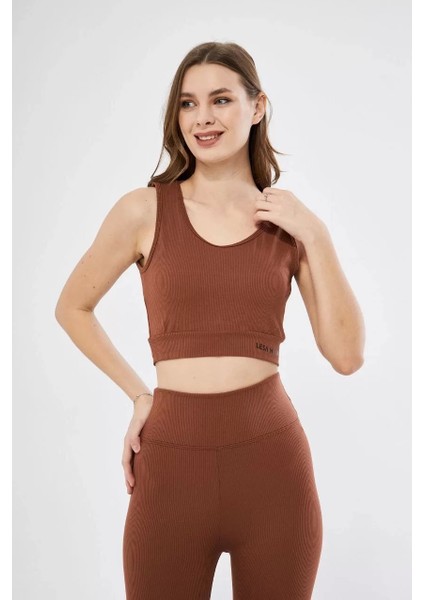 Kadın Fitilli Baskılı Crop - Kahve