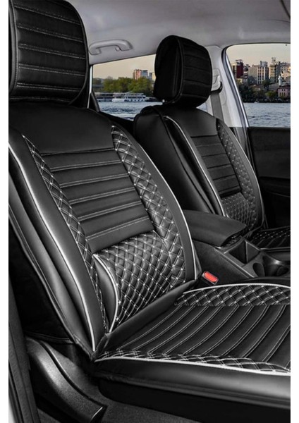Dodge Nitro Uyumlu Yarı Deri Oto Koltuk Kılıfı Bel Destekli Siyah-Beyaz Elva Seri