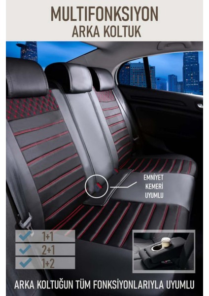 Chevrolet Trax Uyumlu Yarı Deri Oto Koltuk Kılıfı Bel Destekli Siyah-Kırmızı Elva Seri fiyatları