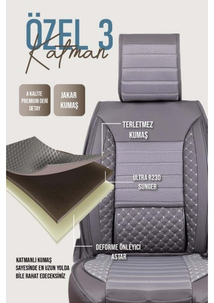 chevrolet Lacetti Uyumlu Yarı Deri Oto Koltuk Kılıfı Bel Destekli Füme Elva Seri modelleri