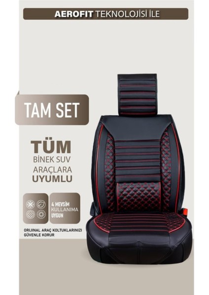 Jeep Compas Uyumlu Yarı Deri Oto Koltuk Kılıfı Bel Destekli Siyah-Kırmızı Elva Seri modelleri