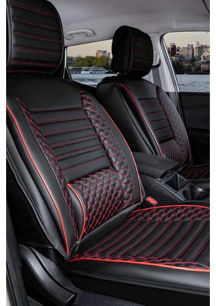 renault Clio 2 Hb Uyumlu Yarı Deri Oto Koltuk Kılıfı Bel Destekli Siyah-Kırmızı Elva Seri