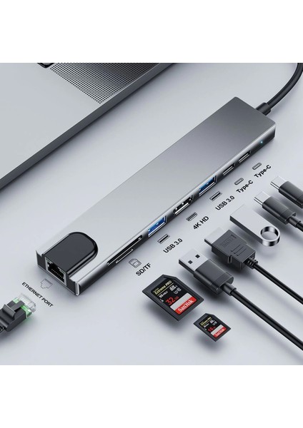 USB Hub 3.0 USB Sürücüsü 8 In 1