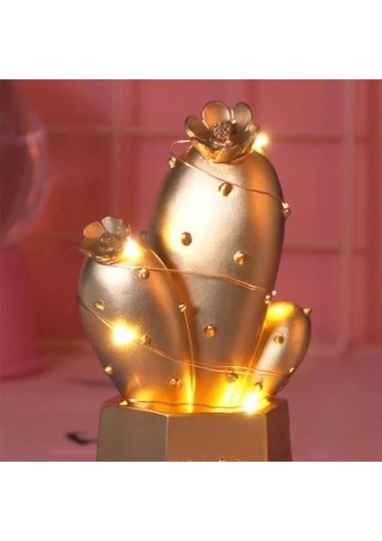 LED Işıklı Sevimli Kaktüs Dekoratif Masa Lambası Mini Biblo Gece Lambası Gold