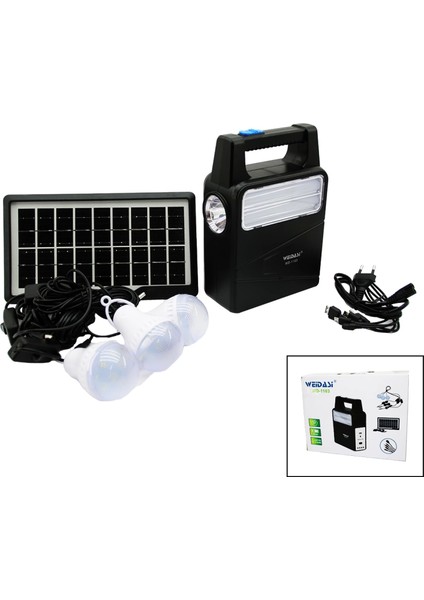 Solar seyyar panelli - fiş şarjlı 2in1 dikey model el feneri - 3 parça ampul kablolu - powerbank (4887)