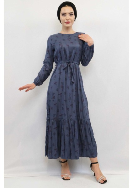 Çiçek Desenli Elbise Indigo