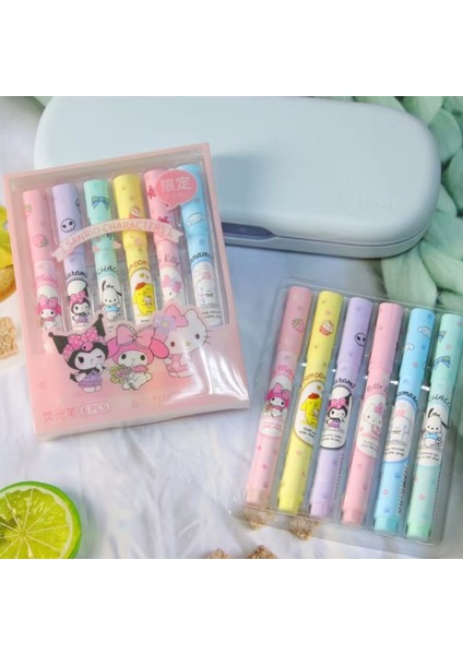6'lı Fosforlu Kalem Seti Sanrio Karakterleri Hello Kitty Kuromi