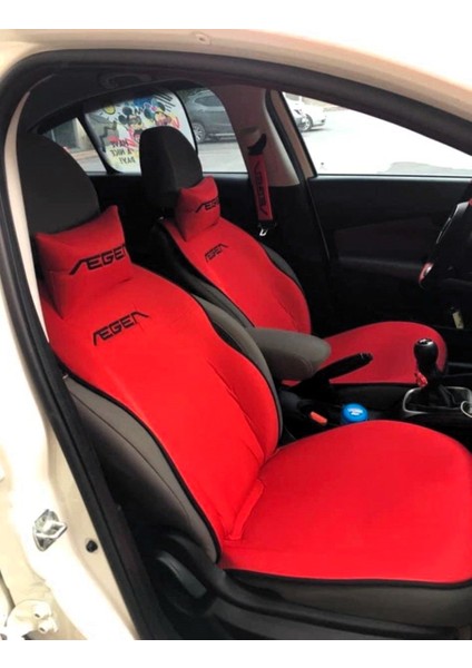 Fiat Egea Nakışlı Ön Ikili Oto Koltuk Minderi 2 Adet Boyun Yastığı 2 Adet Kemer Pedi Kırmızı